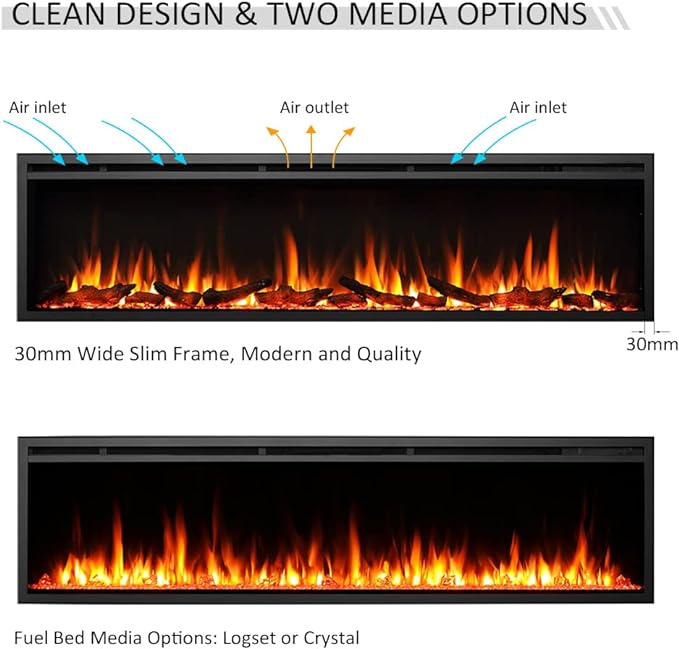 FLAMME Castello Slim Frame Recessed Media Wall Inset Electric Fireplace