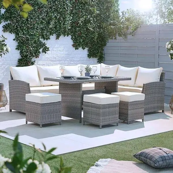 MMT Grey Rattan Garden Furniture L-Shaped Dining Corner Set - 8 Seater