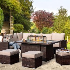 Rattan Garden Furniture with Fire Pit Table - Premium Series - 9 Seater