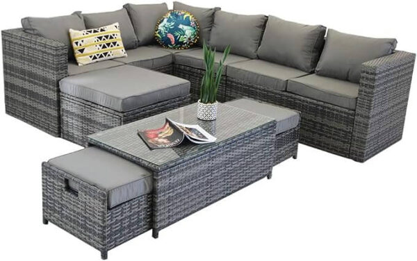 YAKOE Vancouver 9 Seater Corner Rattan Garden Set in Grey, Gray